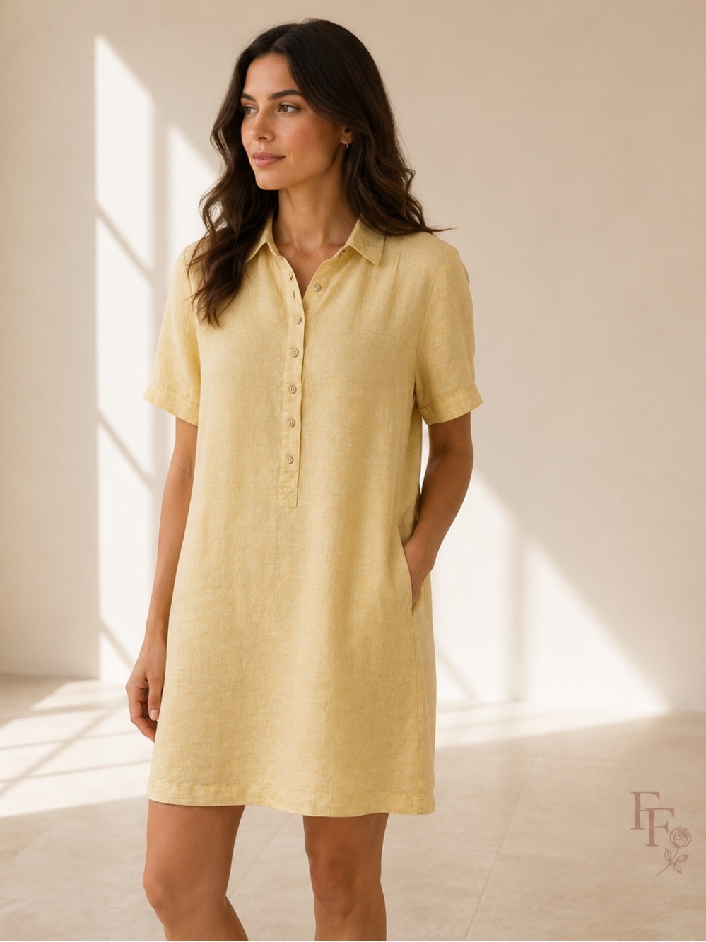 Faherty Hana Linen Shirtdress Jojoba Yellow 100% Linen Mini Dress Small Pockets